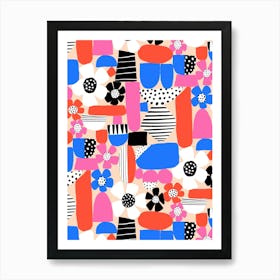 Pink, Blue, Red Floral Paper Cut Out and Doodle Mod Art Collage Art Print