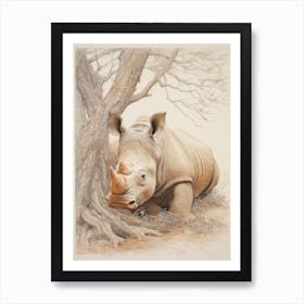 Rhino Lying Under The Tree Detailed Illustration 4 Art Print