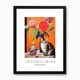 Cats & Flowers Collection Gerbera Daisy Flower Vase And A Cat, A Painting In The Style Of Matisse 2 Art Print