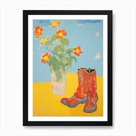 Painting Of Orange Flowers And Cowboy Boots, Oil Style 4 Art Print