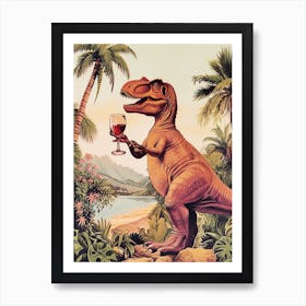 Dinosaur Drinking Wine Retro Collage 3 Art Print