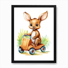 Baby Kangaroo On Toy Car, Watercolour Nursery 2 Art Print