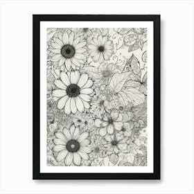 Sunflowers In Black And White Art Print