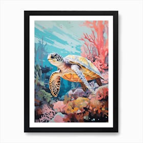 Vivid Turtle In Ocean With Coral & Plants 2 Art Print
