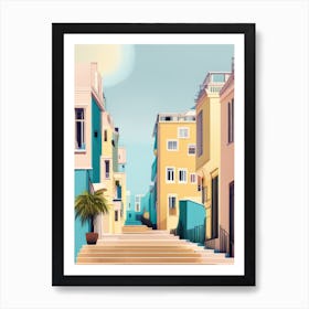Abstract Pastel Muted Tones Steps Village Summer Street Pink Yellow Blues Art Print