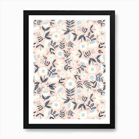 Cute Soft Scattered Scandi Florals Peach, White, Navy Blue Art Print