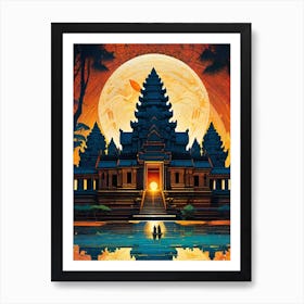 Angkor Wat Temple - Cambodia - Trippy Abstract Cityscape Iconic Wall Decor Visionary Psychedelic Fractals Fantasy Art Cool Full Moon Third Eye Space Sci-fi Awesome Futuristic Ancient Paintings For Your Home Vietnamese Gift For Him Art Print