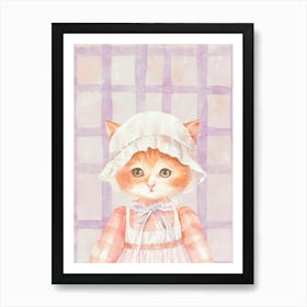 Shabby Chic Cute Baby Kitten in a Dress and Cap. Whimsical Vintage Illustration, Kids Room Art Print