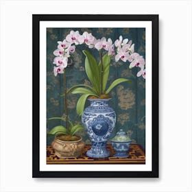 Orchids With A Cat 3 William Morris Style Art Print
