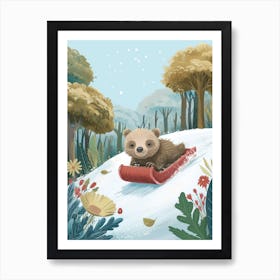 Sloth Bear Cub Sledding Down A Snowy Hill Storybook Illustration 4 Art Print