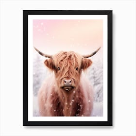 Highland Cow In The Snow Pink Filter Portrait 2 Art Print