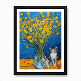 Still Life Of Freesia With A Cat 4 Art Print