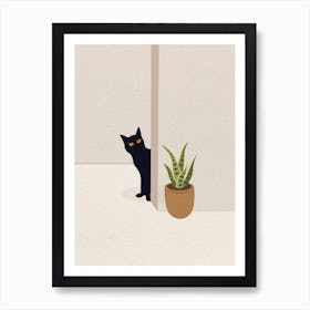 Minimal art of cat between pot and door Art Print