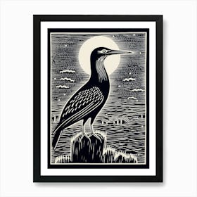 B&W Bird Linocut Cormorant 2 Art Print