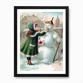 Little Posh Girl Making A Snowman Art Print