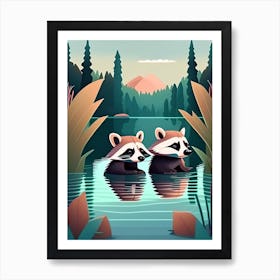 Two Curious Raccoons Swimming In A Lake Art Print