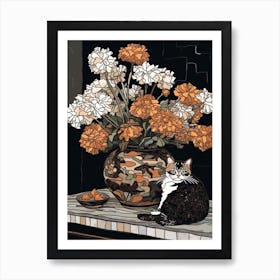 Drawing Of A Still Life Of Chrysanthemums With A Cat 1 Art Print
