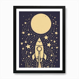 Dreaming of Space: A Retro Rocket Under the Moonlit Sky Affiche