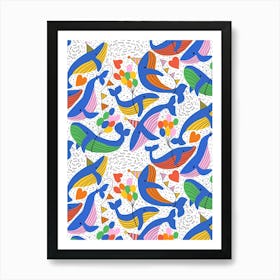 Humpback Whales Have a Birthday Party Bright Rainbow Kids Art Print