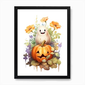Cute Ghost With Pumpkins Halloween Watercolour 88 Art Print