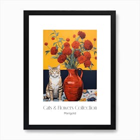 Cats & Flowers Collection Marigold Flower Vase And A Cat, A Painting In The Style Of Matisse 2 Art Print