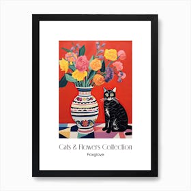 Cats & Flowers Collection Foxglove Flower Vase And A Cat, A Painting In The Style Of Matisse 0 Art Print