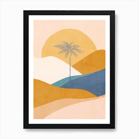 Mid Mod Boho Serene Tropical Palm Summer Sunset Peach Fuzz, Blue, Ochre Art Print