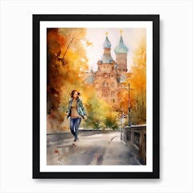 Girl Skateboarding In Moscow, Russia Watercolour 3 Affiche