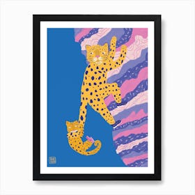 Mother Leopard And Her Baby Are Climbing The Mountain Art Print