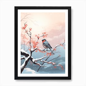 Lone Bird Perching On Snowy Branches 3 Art Print