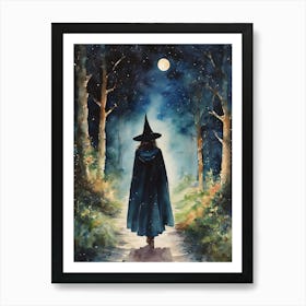 A Witch and the Full Moon - Watercolor Witchy Art for Witchcraft Feature Wall - Wicca Pagan Fairytale Goth Dark Aesthetic Lunar Goddess Magick Walking Through the Woods at Night HD Art Print