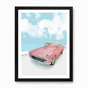 Pink Car At The Beach Art Print