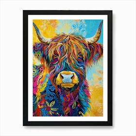Kitsch Colourful Highland Cow 4 Art Print