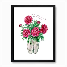 Peonies In Bum Vase On White With Slogan Art Print