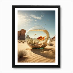 Giant Fishbowl In A Windswept Desert Elephant Sized Goldfish Gracefully Swimming Cacti With Subtle Art Print