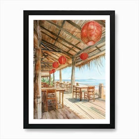 Watercolor Painting Of The Interior Of An Old Wooden Seaside Restaurant Art Print