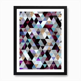 Abstract Geometric Triangle Pattern in Teal Blue and Glitter Gold n.0006 Art Print