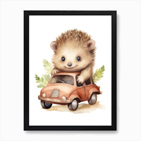 Baby Hedgehog On Toy Car, Watercolour Nursery 2 Art Print