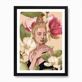 Woman With Magnolia Flowers Art Print