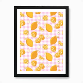 Lemon Pattern on Baby Pink Gingham Art Print