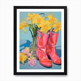 Painting Of Daffodil Flowers And Cowboy Boots, Oil Style 2 Póster