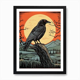Vintage Bird Linocut Raven 2 Art Print
