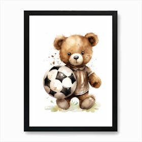 Football Soccer Ball Teddy Bear Painting Watercolour 4 Art Print