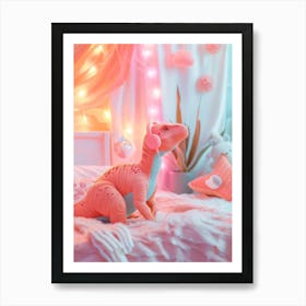 Pink Plushie Dinosaur Listening To Music In Bed Art Print