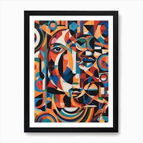 Multitude - Abstract Art Deco Geometric Shapes Oil Painting Modernist Picasso Inspired Bold Gold Green Turquoise Red Face Visionary Fantasy Style Wall Decor Surrealism Trippy Cool Room Art Invoke Psychedelic Art Print