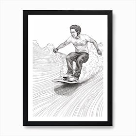 Surfing In Malibu California, Usa Line Art Black And White 5 Art Print
