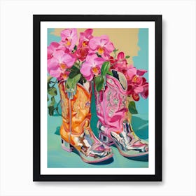 Oil Painting Of Pink And Red Flowers And Cowboy Boots, Oil Style 1 Poster