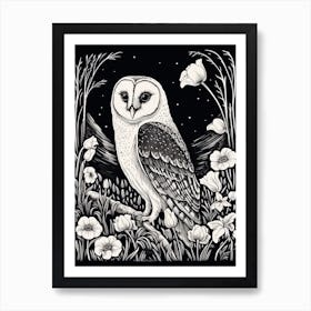 B&W Bird Linocut Barn Owl 3 Art Print