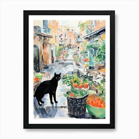 Food Market With Cats In Amalfi 4 Watercolour Art Print