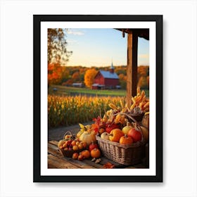 An Inviting Rustic Farm With Vegetables Like Corn Pumpkins Squash Elegantly Arranged In A Wooden B (2) Art Print